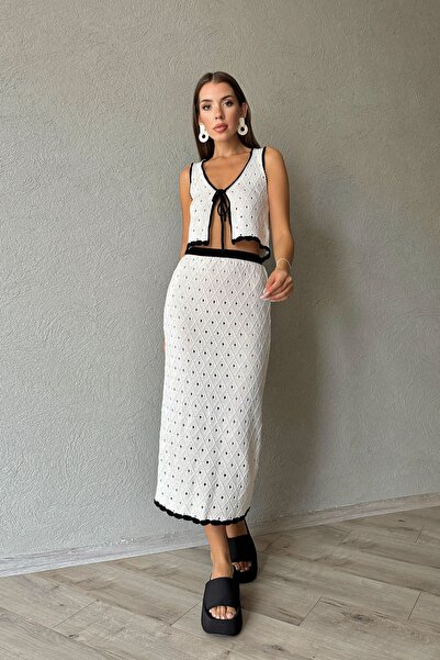 Seda Yalçın Atelier Ecru Skirt Crop Openwork Knitwear Set
