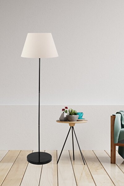 Art&Gift Siyah Metal Ayaklı Krem Konik Kumaş Başlık Lambader Salon Yatak Odası Köşe Lambası