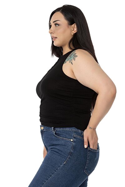 DISENTIS MODEST Plus Size Draped Front and Sides Halter Collar Black Body