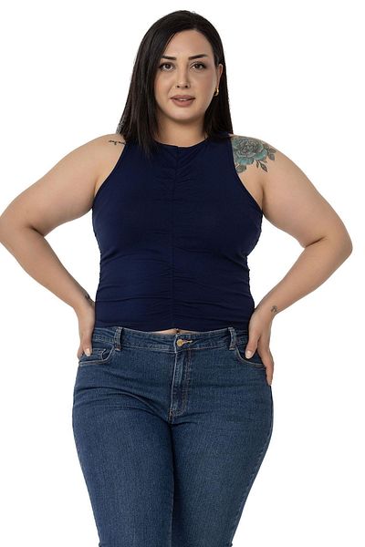 DISENTIS MODEST Plus Size Draped Front and Sides Halter Collar Navy Blue Body