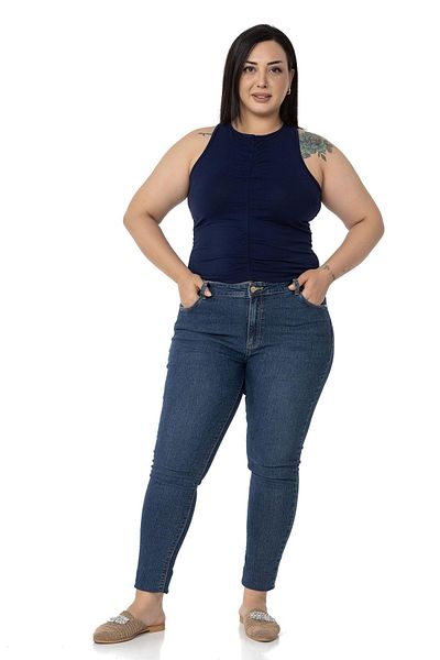 DISENTIS MODEST Plus Size Draped Front and Sides Halter Collar Navy Blue Body