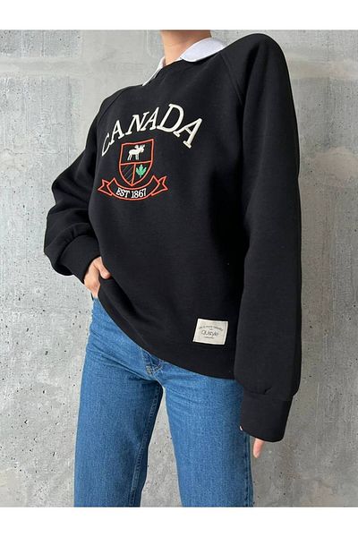Qu Style Embroidered, Crew Neck, Oversize, Trend, Elegant, 3 Thread Raised, Women's Sweatshirt