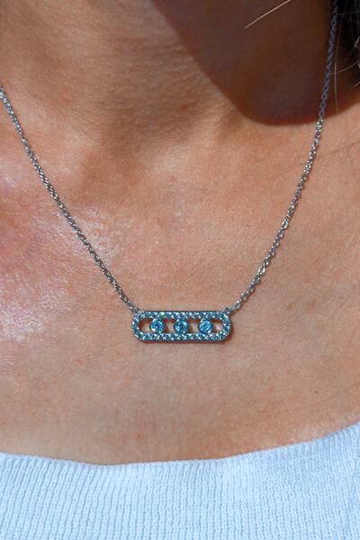 LisaAksesuar Kadın Çelik Silver Uzun Yatay Messika Kolye 40 Cm