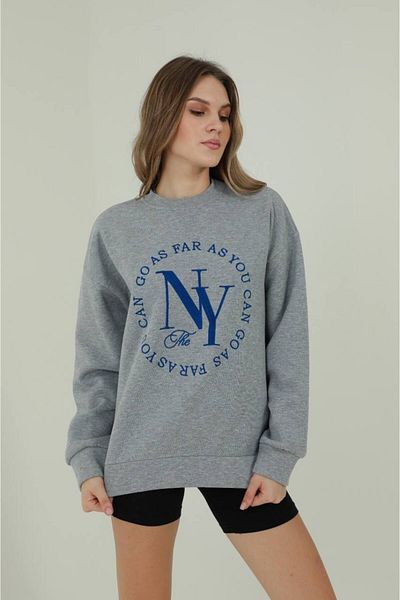 Qu Style Embroidery Patterned, Oversize, Crew Neck Sports Stylish, 3 Thread Raised, Women's Sweatshirt