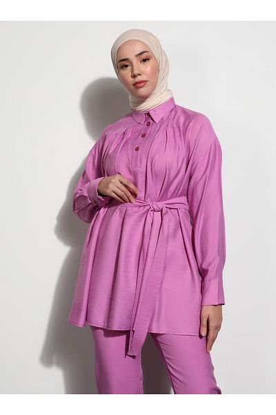 Benin Belted Half Placket Tunic & Trousers Set - Fuchsia - Benin