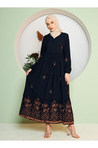 ZENANE Patterned Hijab Dress - Navy Blue - ZENANE