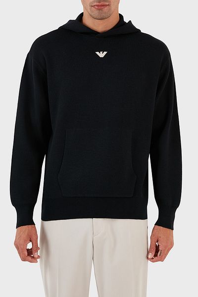 Emporio Armani Relaxed Fit Hooded Kangaroo Pocket Wool Blend Knitwear Sweat Men's SWEAT 6R1MX7 1MNB