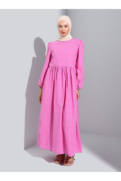 Benin Scallop Embroidered Lined Hijab Dress - Pink - Benin