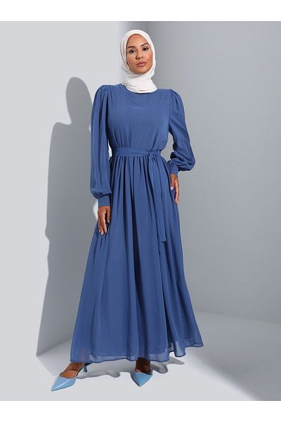 Refka Belted and Lined Chiffon Hijab Dress - Indigo - Refka Casual