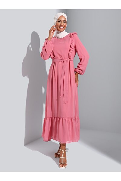 Refka فستان حجاب شيفون مبطن بتفاصيل كشكش - وردي داكن - كاجوال من Refka