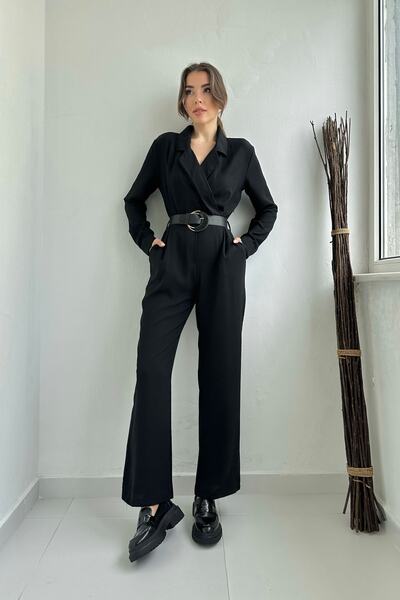 Seda Yalçın Atelier Black Double-Breasted Collar Design Belted Jumpsuit