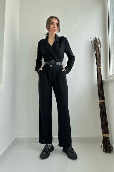 Seda Yalçın Atelier Black Double-Breasted Collar Design Belted Jumpsuit