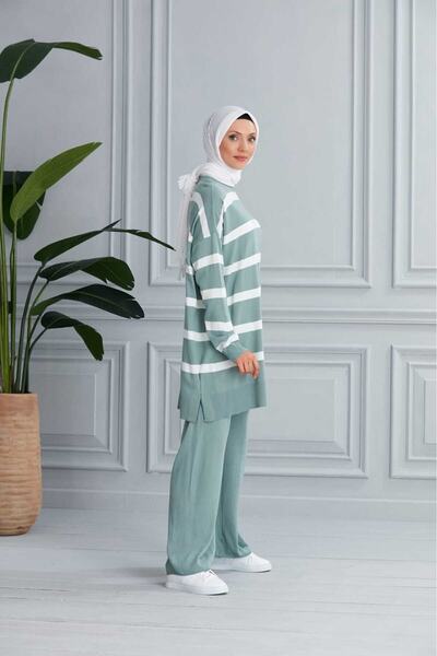 MODAMÜNASİP Υπέροχο ριγέ διπλό σετ πλεκτών ενδυμάτων