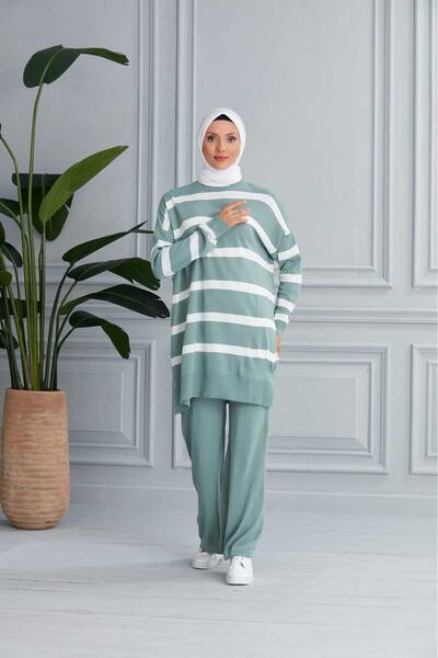 MODAMÜNASİP Υπέροχο ριγέ διπλό σετ πλεκτών ενδυμάτων