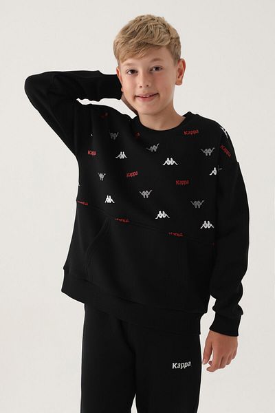 Kappa Black Printed Garnished Kangaroo Pocket Boy's Sweatshirt