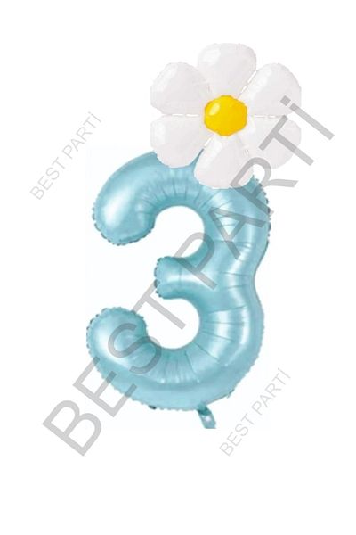BEST PARTİ DOĞUM GÜNÜ PARTİ SÜSLERİ Blue Number and White Daisy Foil Balloon Set Age 3