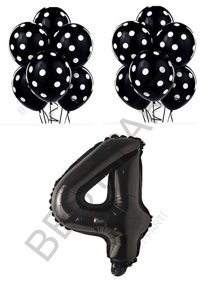 BEST PARTİ DOĞUM GÜNÜ PARTİ SÜSLERİ Black Number and Black and White Polka Dot Balloon Set Age 4