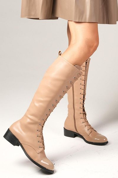 Mio Gusto Shannon Mink Color Lace Up and Zippered Thin Fur Lined Women's Short Heeled Boots