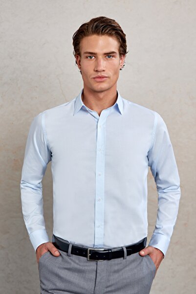 Hatemoğlu Blue Comfort Fit Striped 100% Cotton Slim Collar Long Sleeve Shirt