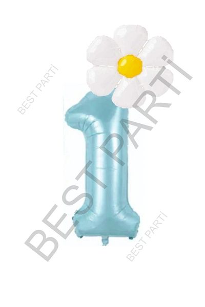 BEST PARTİ DOĞUM GÜNÜ PARTİ SÜSLERİ Blue Number and White Daisy Foil Balloon Set Age 1