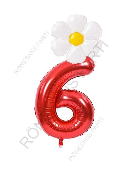 RÖNESANS PARTİ Red Number and White Daisy Foil Balloon Set Age 6