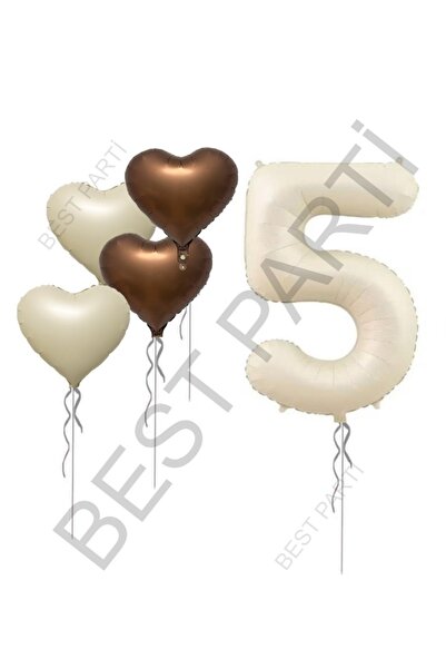 BEST PARTİ DOĞUM GÜNÜ PARTİ SÜSLERİ Beige Number and Heart Foil Balloon Set A...