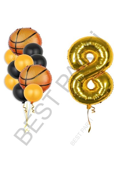 BEST PARTİ DOĞUM GÜNÜ PARTİ SÜSLERİ Gold Color Number Basketball Ball Foil and Latex Balloon Set Age 8