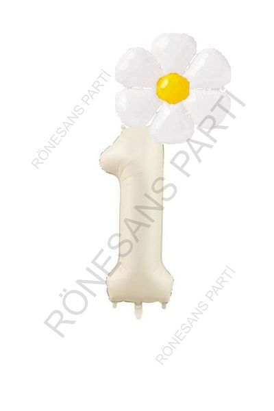 RÖNESANS PARTİ Beige Number and White Daisy Foil Balloon Set Age 1