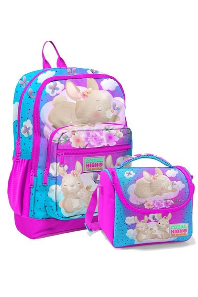 Coral High Set rucsac și geantă de prânz pentru școală iepure albastru roz - fetiță - patru compartimente