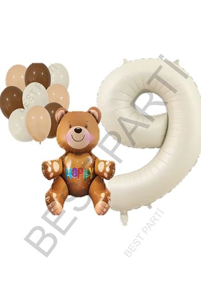 BEST PARTİ DOĞUM GÜNÜ PARTİ SÜSLERİ Beige Number Bear Foil and Latex Balloon Set Age 9
