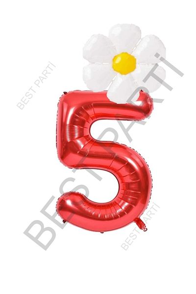 BEST PARTİ DOĞUM GÜNÜ PARTİ SÜSLERİ Red Number and White Daisy Foil Balloon Set Age 5