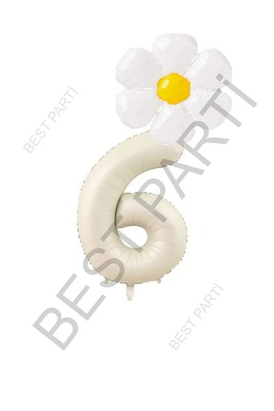 BEST PARTİ DOĞUM GÜNÜ PARTİ SÜSLERİ Beige Number and White Daisy Foil Balloon Set Age 6