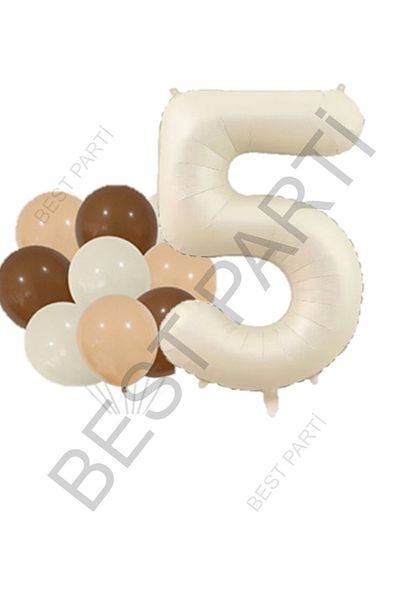 BEST PARTİ DOĞUM GÜNÜ PARTİ SÜSLERİ Beige Number and Latex Balloon Set Age 5