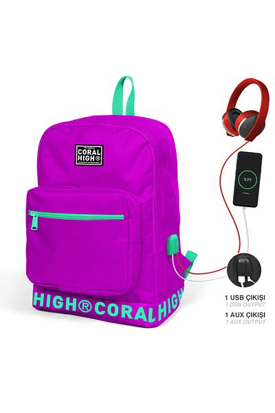 Coral High Rucsac USB cu patru compartimente cu logo broderie roz închis 24102