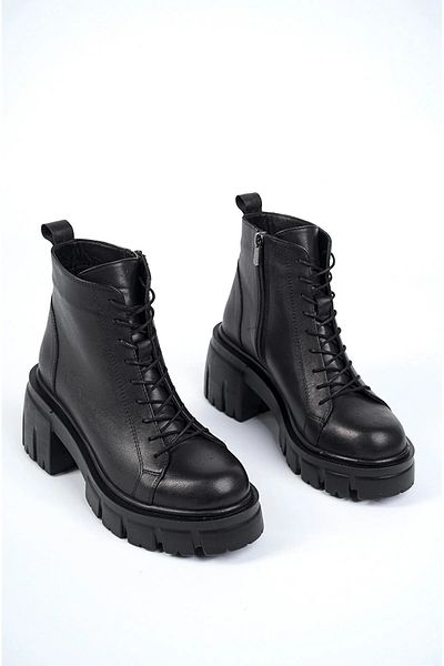Deripabuc Genuine Leather Black Women's Serrated Sole Leather Boots Trc-206602