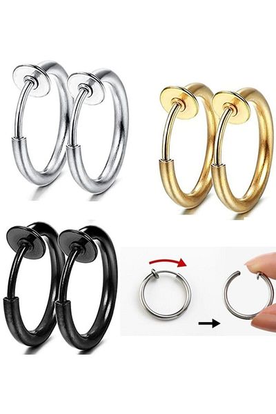 Market66 Silver Color Piercing 1 Pair Earring Nose Lip Ear Joint No Hole Spring Compressed