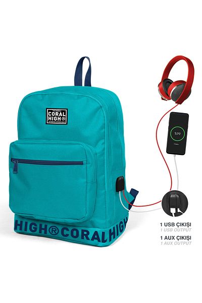 Coral High Turquoise Embroidery Logo Four Compartment USB Backpack 24110
