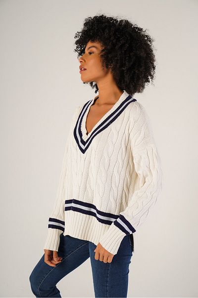 Trist Star Bone Women's V-Neck Striped Slit Oversize 100% Cotton Sweater