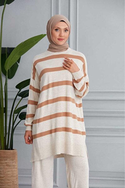 MODAMÜNASİP بدلة تريكو مزدوجة مخططة رائعة