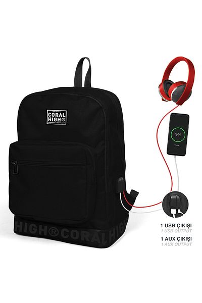 Coral High Black Embroidery Logo Four Compartment USB Backpack 24111