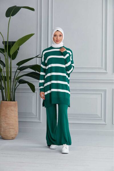 MODAMÜNASİP Υπέροχο ριγέ διπλό σετ πλεκτών ενδυμάτων