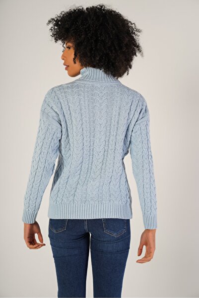 Trist Star Light Blue Women's Hair Braided Turtleneck Wool Sweater