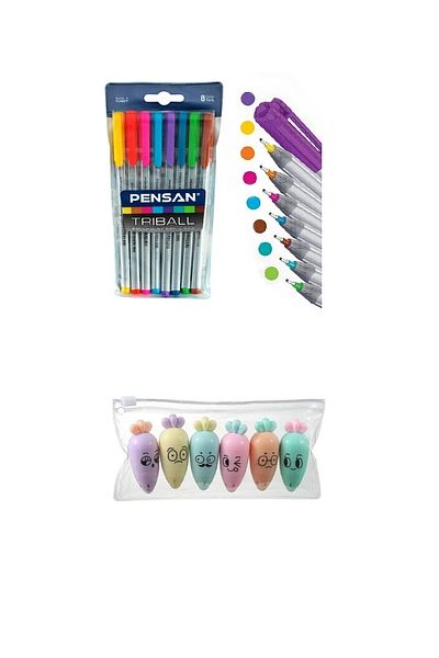 Siriderya 8 Colors Ballpoint Pen and 6 Colors Emoji Carrot Highlighter