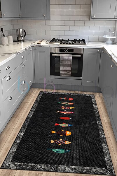 Bebişim Halı Balıkllı Mermer Çerçeveli Hasır Mutfak Halısı