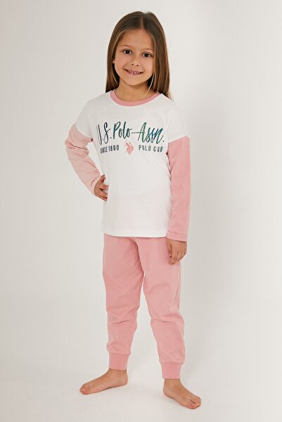 U.S. Polo Assn. U.S. Polo Assn Girl Beyaz Pembe Kız Çocuk Uzun Kol Pijama Takım