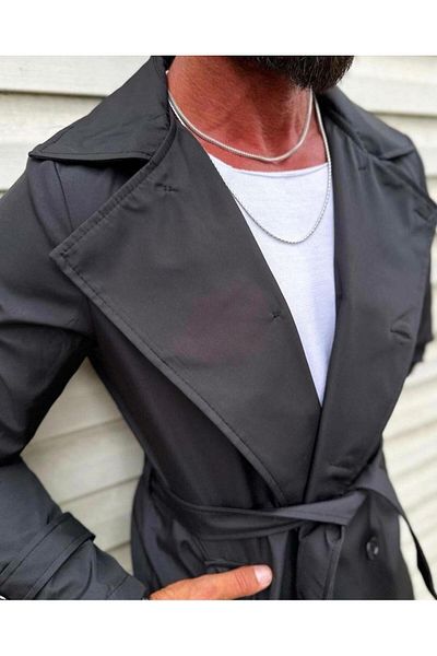 majesteleristore Lining Detailed Men's Overcoat & Trench Coat Black (Water Repellent, Belt Detailed)