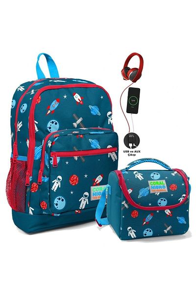 Coral High Set ghiozdan și cutie de prânz - Astronaut albastru bleumarin pentru băiat - cu priză USB
