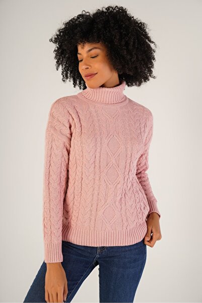 Trist Star Pembe Kadın Saç Örgülü Balıkçı Yaka Yün Kazak