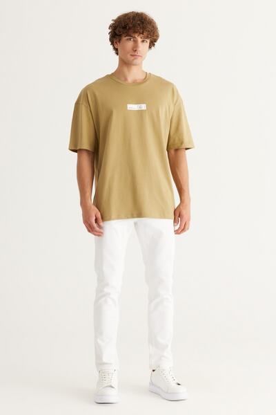 AC&Co / Altınyıldız Classics Men's Oil Green Oversize Loose Cut Crew Neck 100% Cotton Printed T-Shirt