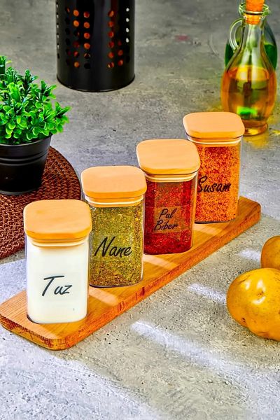 FBZhome 4-Piece Wooden Cross Stand - Acrylic Spice Rack 250 Ml Vacuum Storage Set